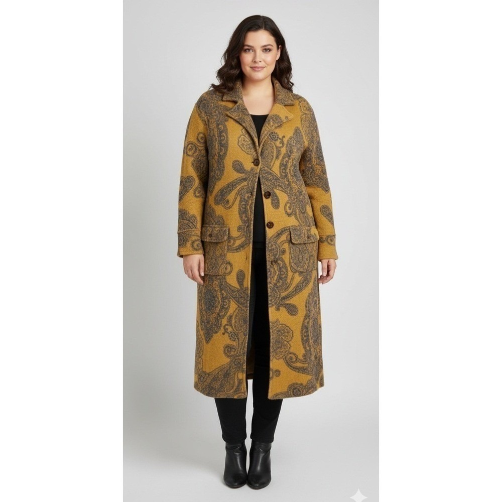 SALE Silk Club Wool Paisley Long Coat Womens L Goldenrod Boho Longline Jacket